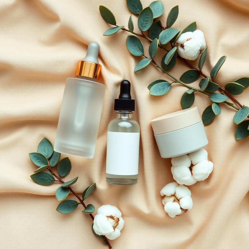 SKINN18 skincare flat lay with serum and cream