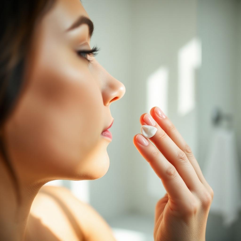 Applying moisturizer in a bright bathroom