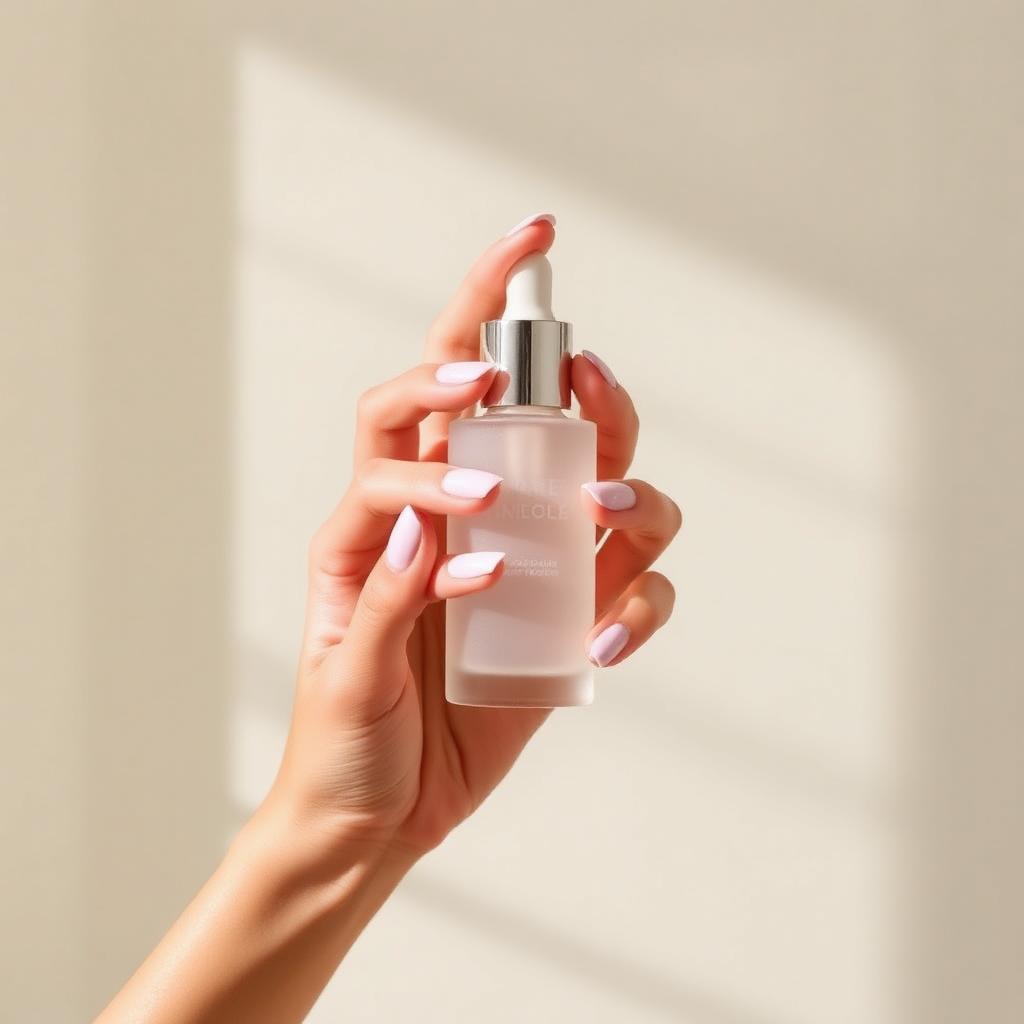 Holding a frosted glass serum bottle
